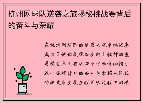 杭州网球队逆袭之旅揭秘挑战赛背后的奋斗与荣耀